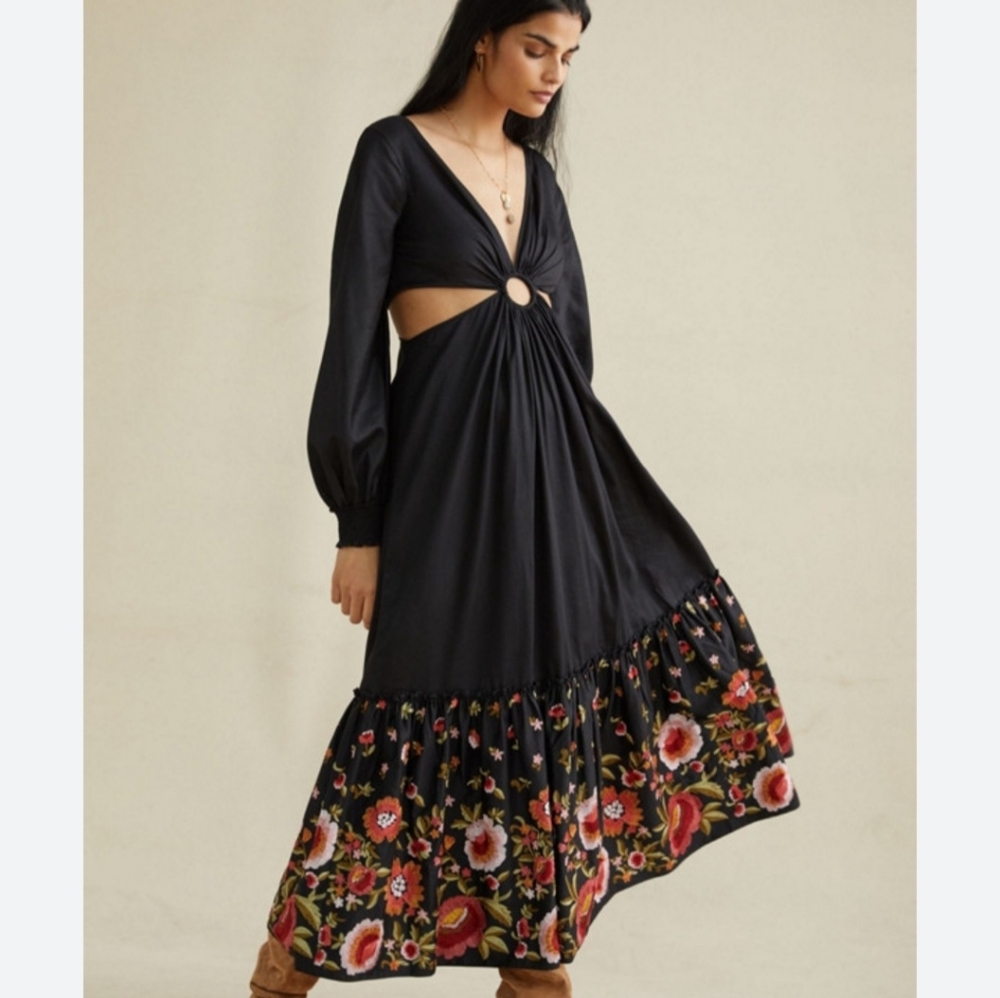 Anthropologie Karolina Cut-Out Floral Black Maxi Dress Size 12 NWT